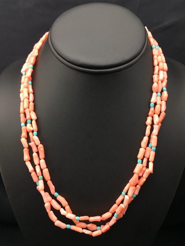Turquoise Pink Coral Southwestern 3 Strand Necklace | Sterling Silver | Authentic Native American Handmade | 04389