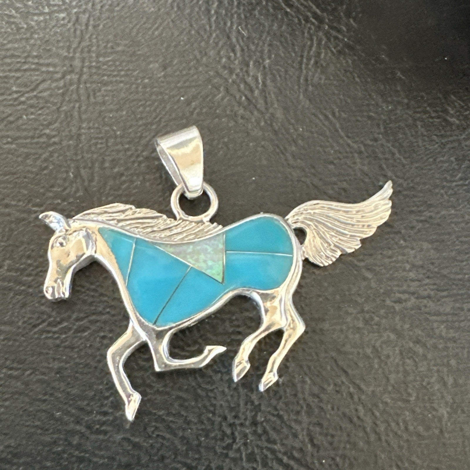 Horse Inlay Southwestern Cowboy Blue Turquoise Sterling Silver Pendant 2” 19160