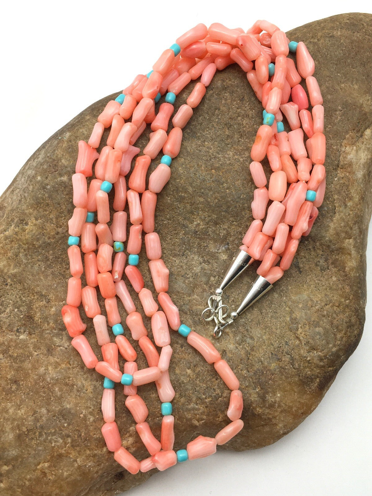 Turquoise & Pink Coral Southwestern Sterling Silver 3 Strand Necklace 04389