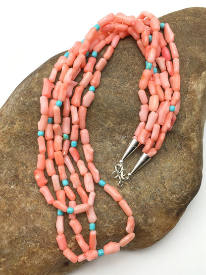 Turquoise & Pink Coral Southwestern Sterling Silver 3 Strand Necklace 04389