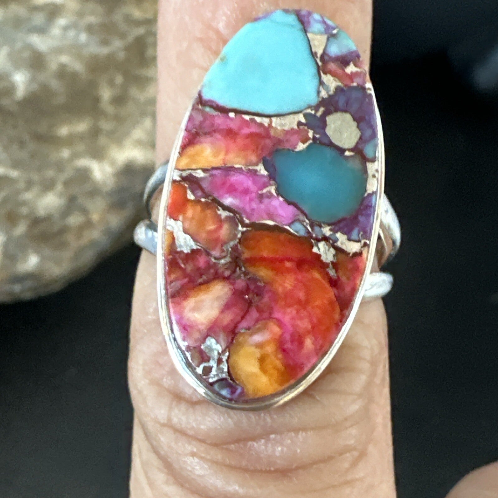 Blue Turquoise Spiny Oyster Navajo Sterling Silver Ring Size 7 18215