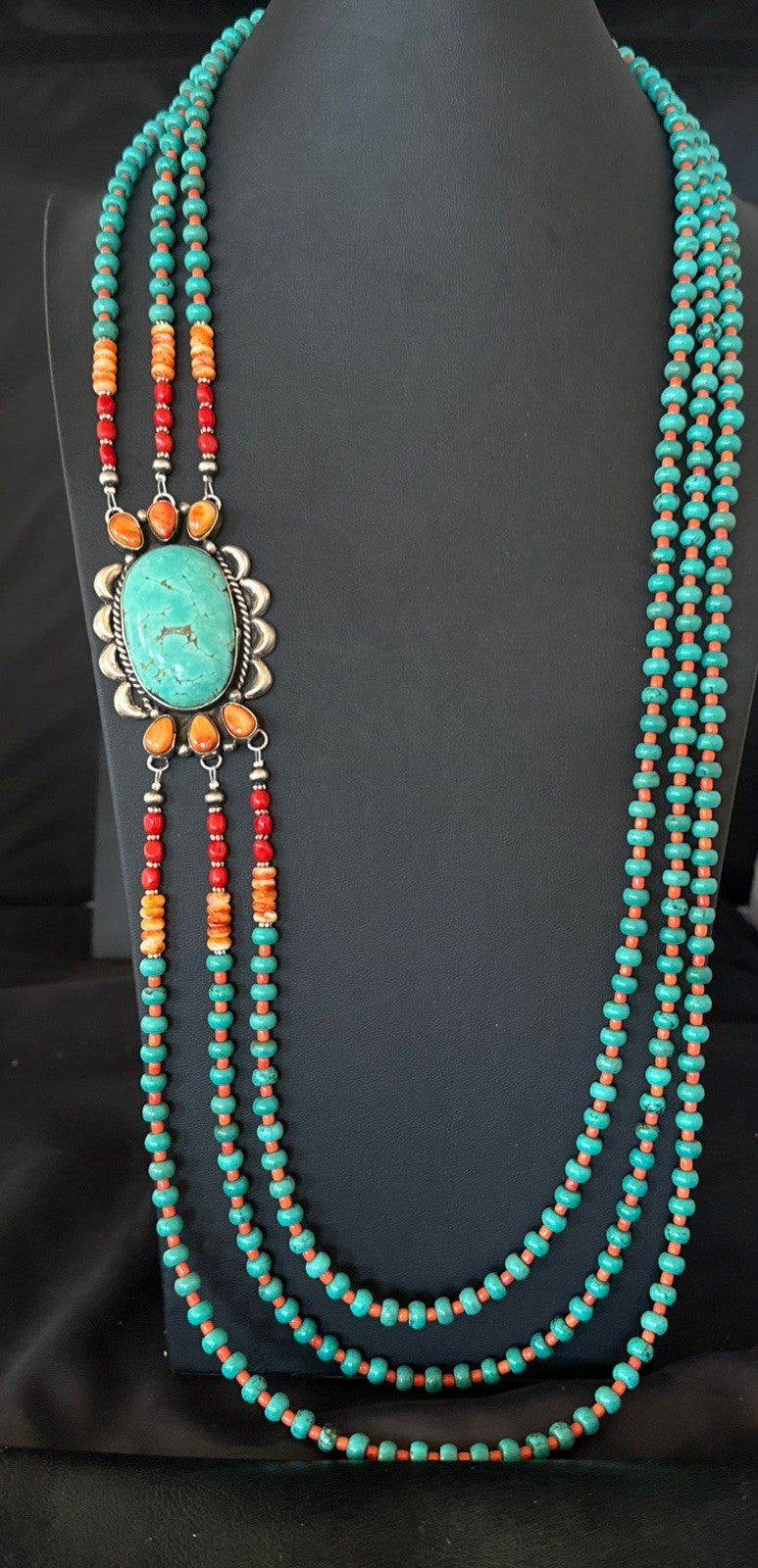 XL Statement Green Turquoise Spiny Navajo 3S Sterling Silver Necklace 34” 19676