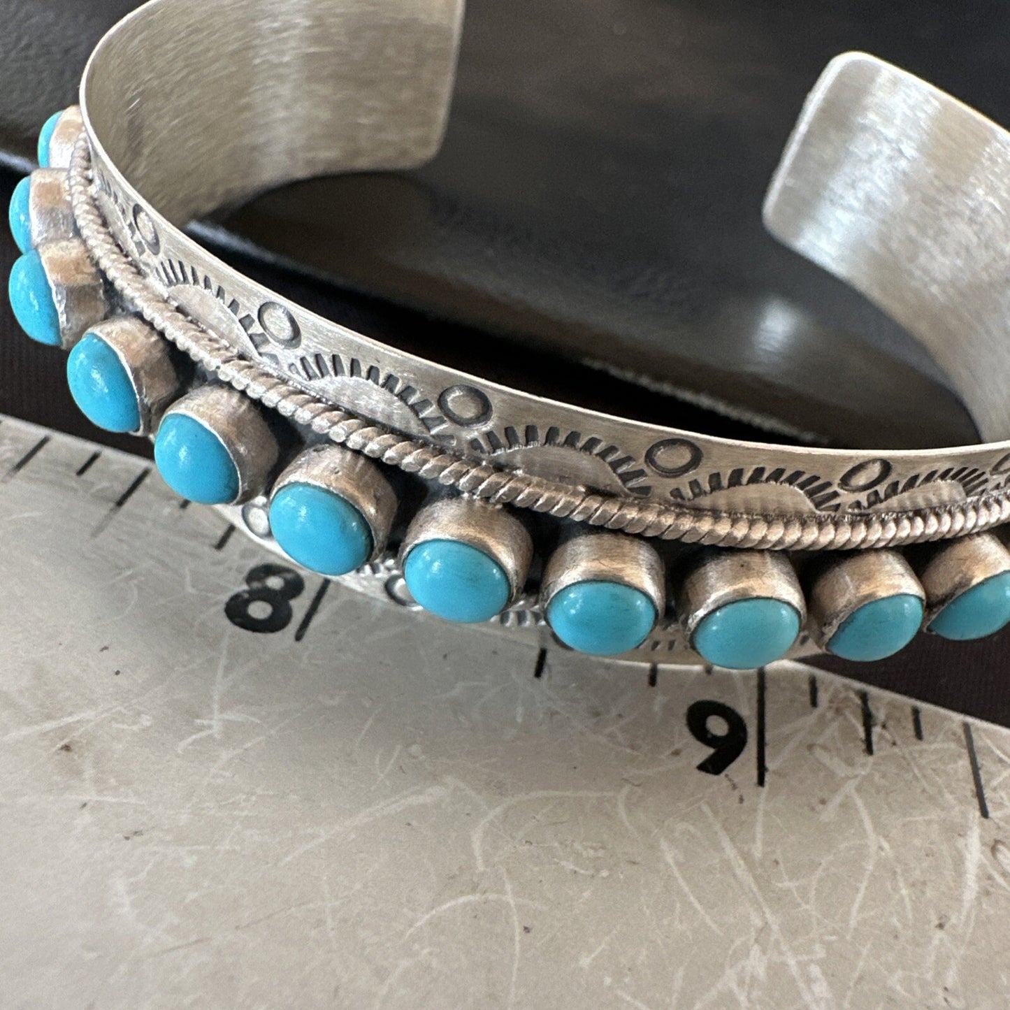 Mens Womens Kingman Turquoise Navajo Sterling Silver Cluster Cuff Bracelet 18865