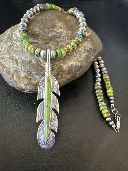 WoMens Green Gaspeite Turquoise Opal Leaf Pendant Sterling Silver Necklace 18665