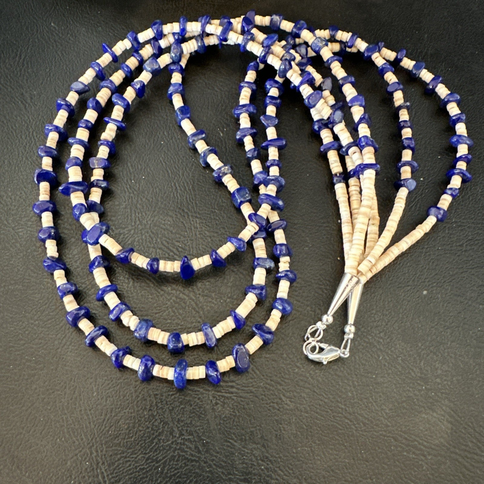 Blue Lapis Lazuli Tan Shell 3 Strand Navajo Sterling Silver Necklace 21” 19703