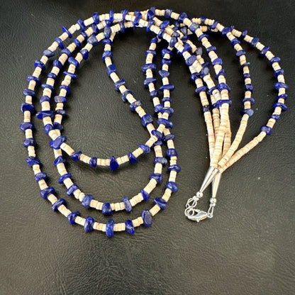 Blue Lapis Lazuli Tan Shell 3 Strand Navajo Sterling Silver Necklace 21” 19703