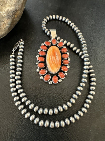 Red Coral Orange Spiny Navajo Sterling Silver Cluster Pendant Necklace 19565