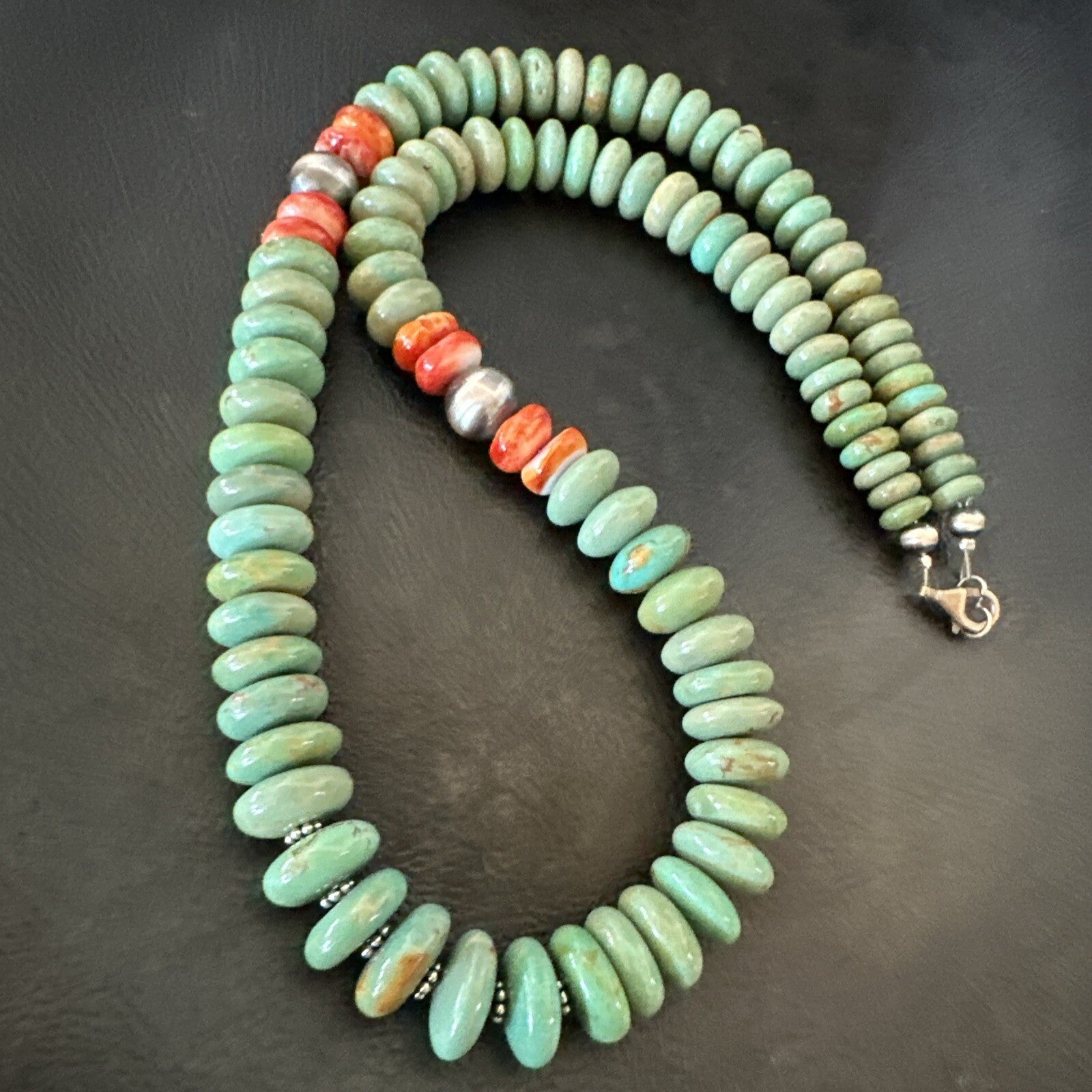 Green Turquoise Spiny Oyster Sterling Silver Beads Necklace 18302