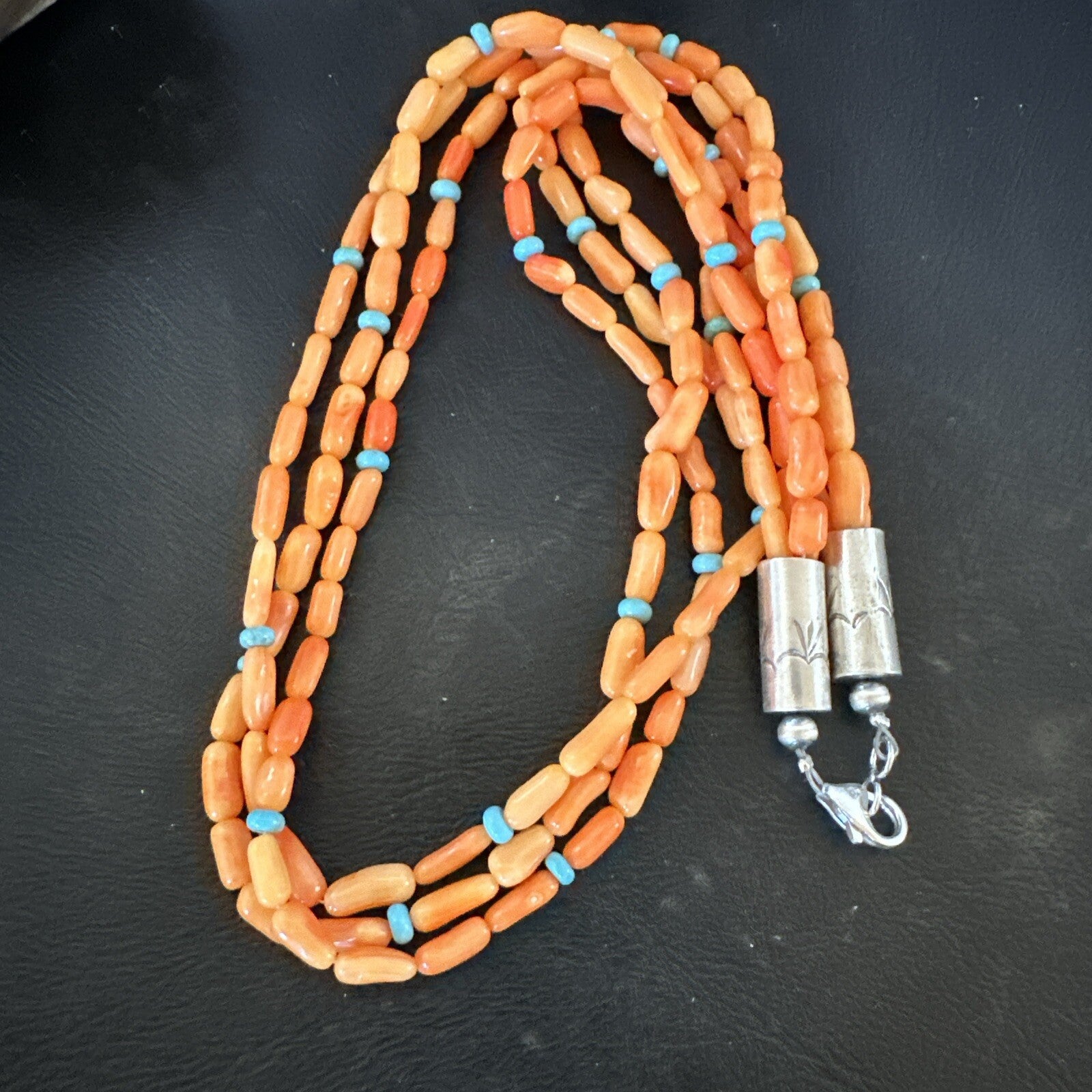 Native Turquoise Orange Coral Sterling Silver 3 Strand Necklace 21" 17818