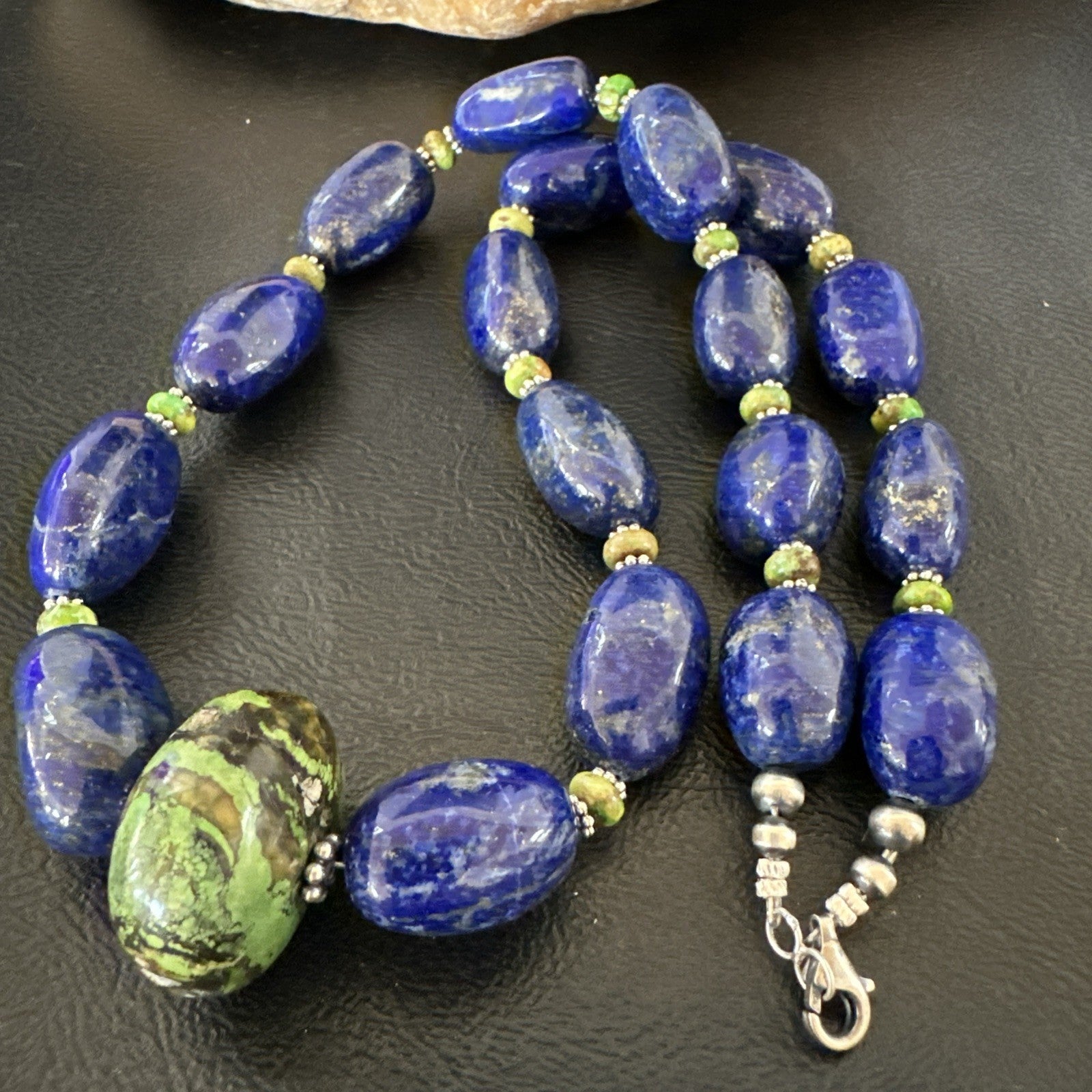 Green Turquoise Lapis Chunky Southwestern Sterling Silver Necklace 21” 19257