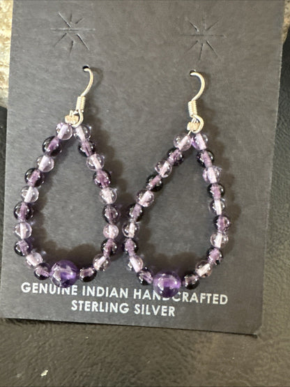 Purple Amethyst Bead Navajo Sterling Silver 1" Earrings 18639