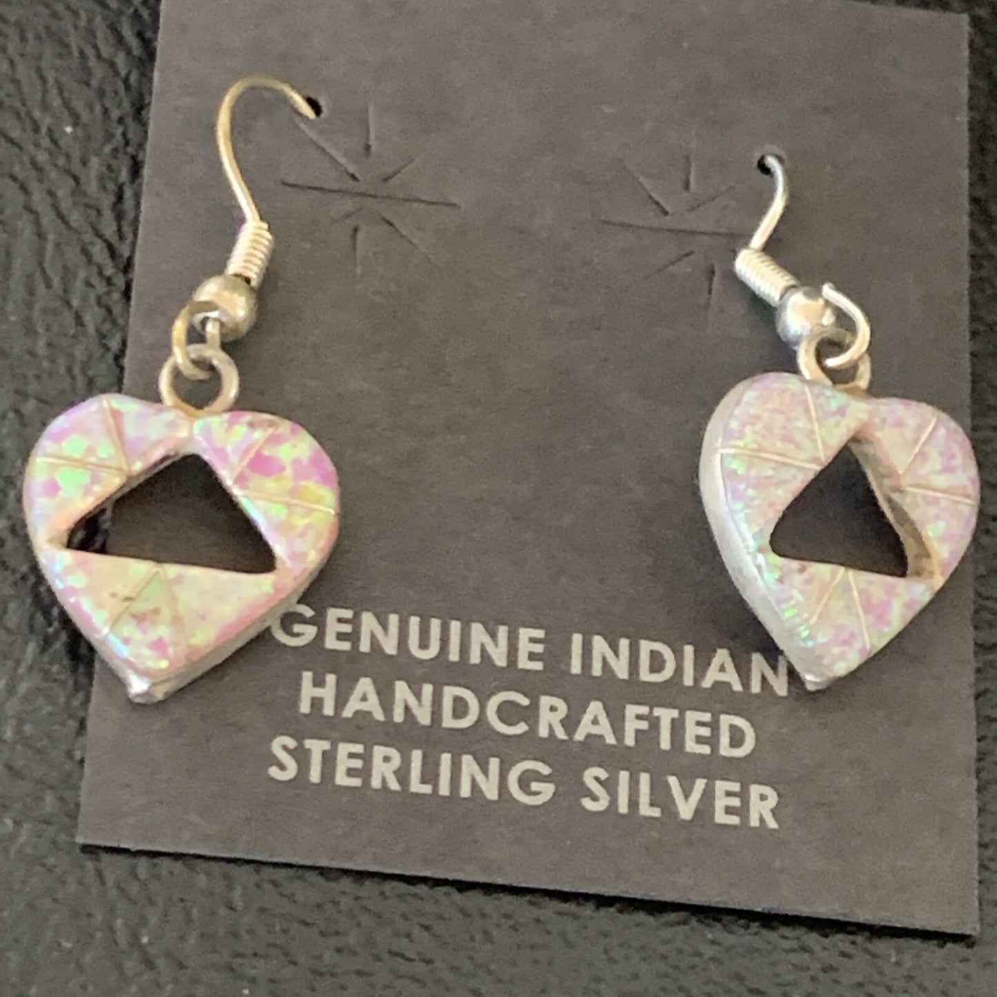 Womens Pink Opal Heart Inlay Navajo Sterling Silver Dangle Drop Earrings 12763