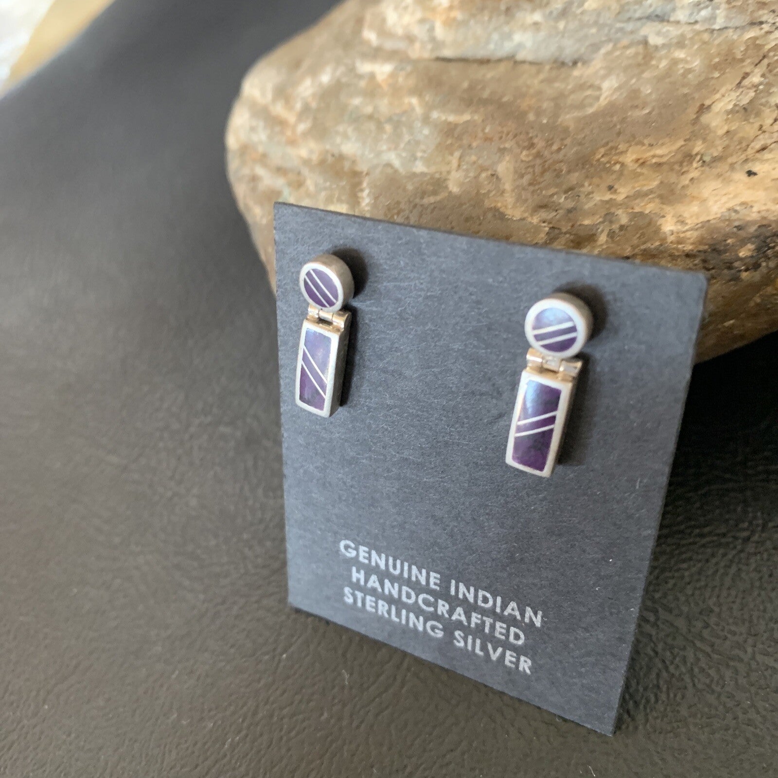 Native Purple Stone Navajo Sterling Silver Dangle Inlay Earrings 0.6" 12682