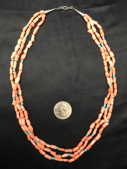 Turquoise & Pink Coral Southwestern Sterling Silver 3 Strand Necklace 04389