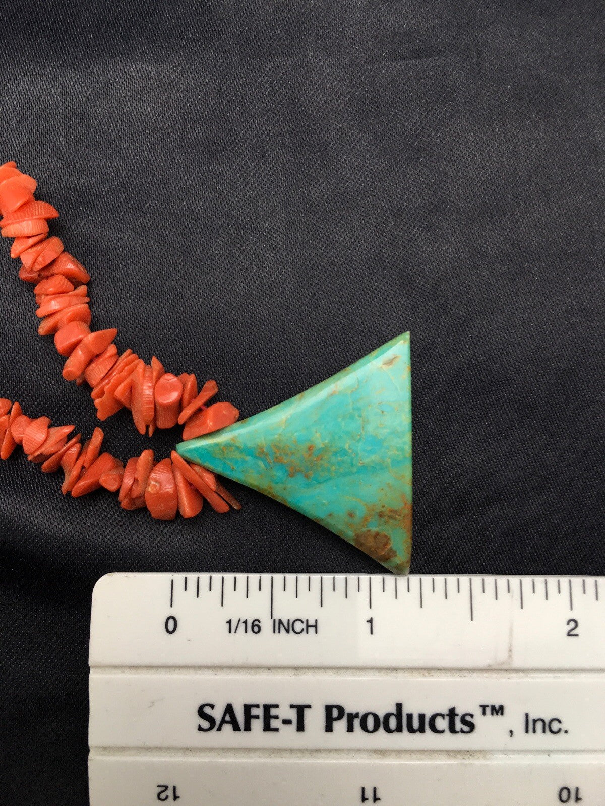 Native Kingman Turquoise Pendant Coral Brass Old Pawn Necklace 19" 04029