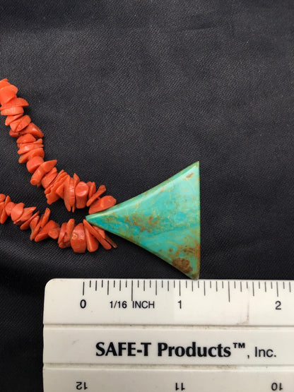 Native Kingman Turquoise Pendant Coral Brass Old Pawn Necklace 19" 04029