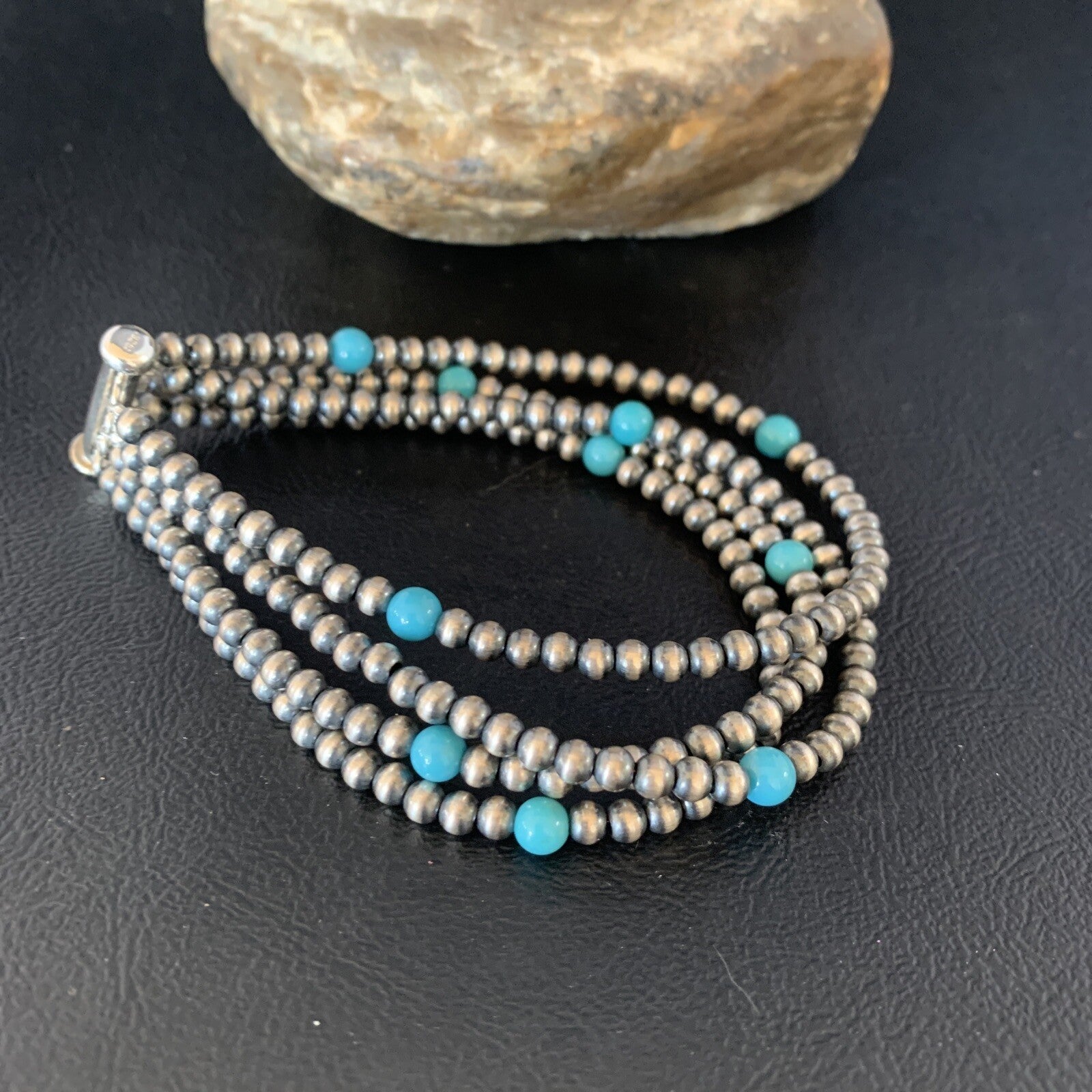 Native Navajo Sterling Silver Beads Blue Turquoise Bracelet 4 Strands 13587