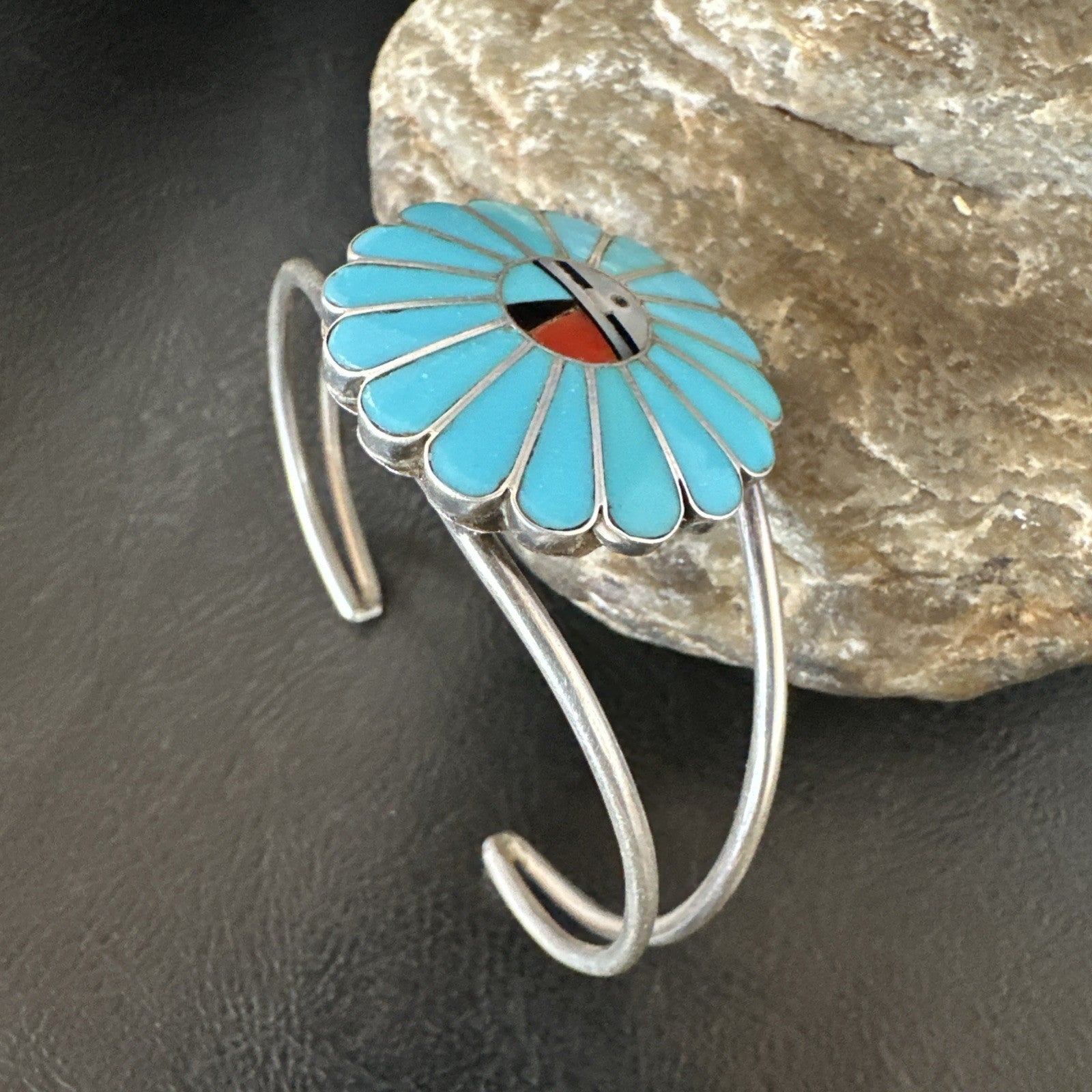 Old Pawn Sunface Turquoise Zuni Sterling Silver Onyx Bracelet 6.5” 19129