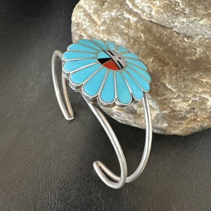 Old Pawn Sunface Turquoise Zuni Sterling Silver Onyx Bracelet 6.5” 19129