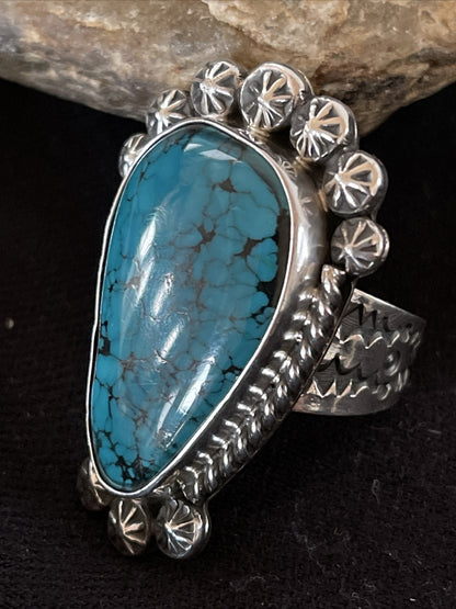 Native Navajo Sterling Silver Blue Spiderweb Turquoise Ring Size 10 01063