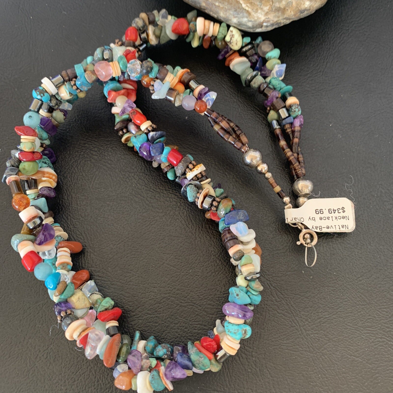 Turquoise & Coral 3 Strand Navajo Bead Sterling Silver Necklace 22” 10402