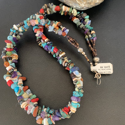 Turquoise & Coral 3 Strand Navajo Bead Sterling Silver Necklace 22” 10402