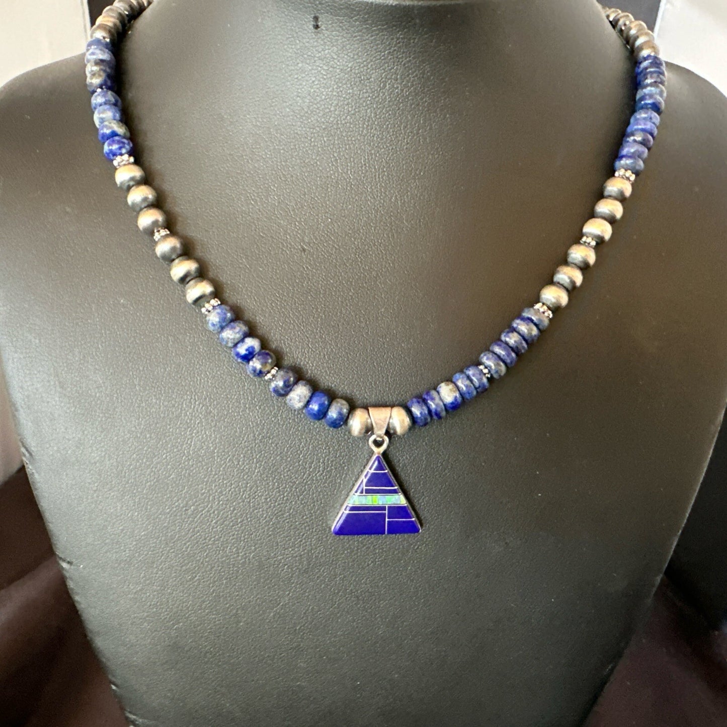 Blue~Lapis~Pendant~Navajo~Pearls~Sterling~Silver~Necklace~ 22”~18743