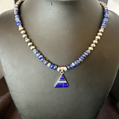 Blue~Lapis~Pendant~Navajo~Pearls~Sterling~Silver~Necklace~ 22”~18743