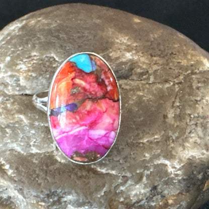 Blue Turquoise Spiny Oyster Southwestern Sterling Silver Ring Size 8 18483