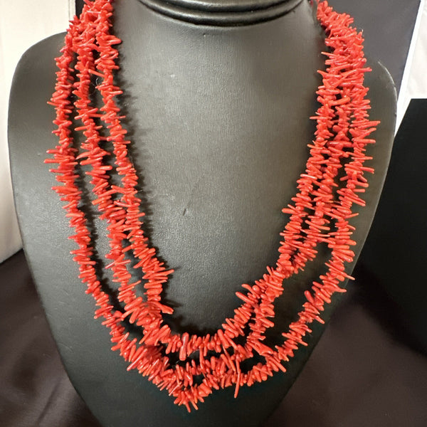 Navajo 3S Red Natural Branch Coral Necklace | Sterling Silver | Authentic Native American Handmade | 17710