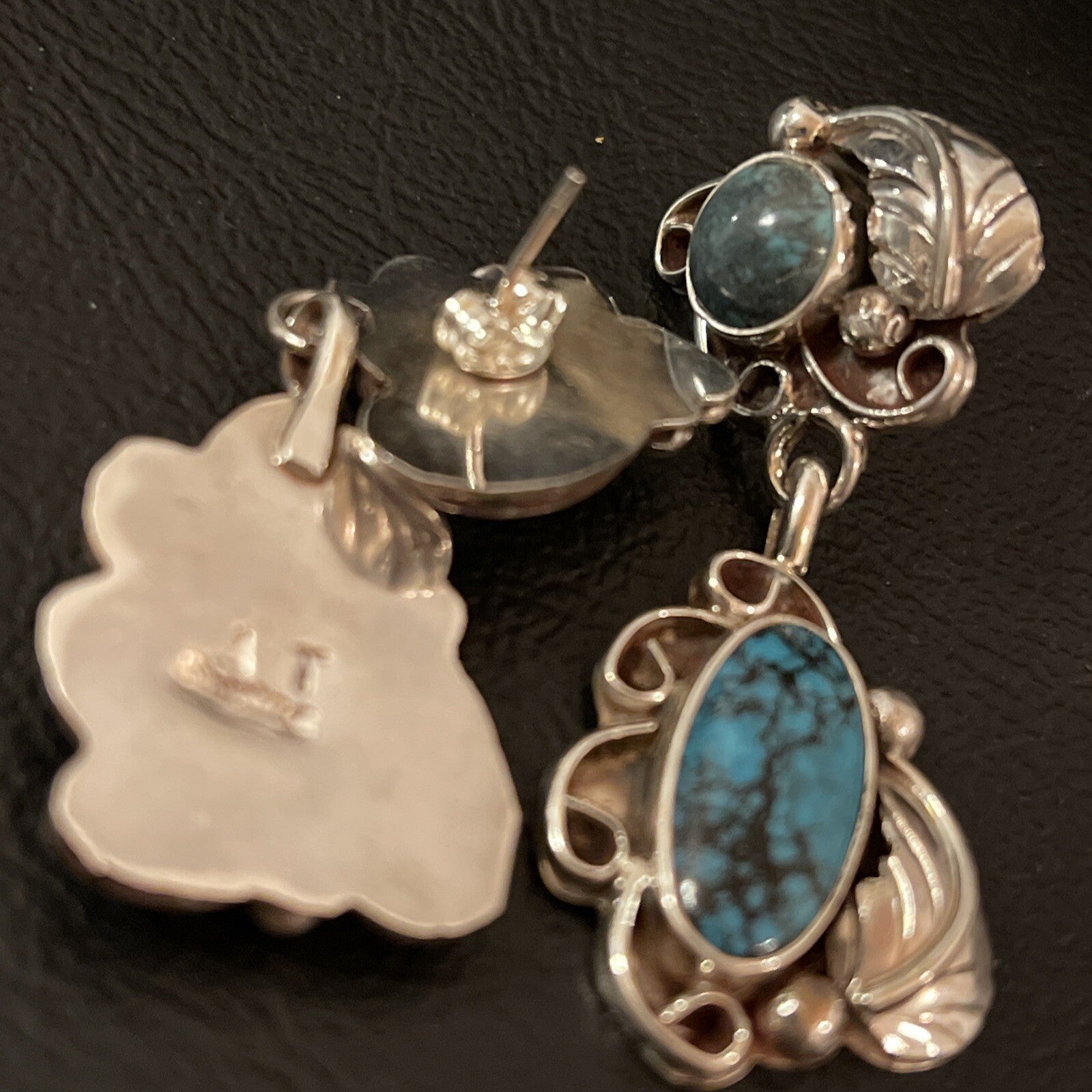 Spiderweb Turquoise Navajo Sterling Silver Post Dangle Earrings 02026