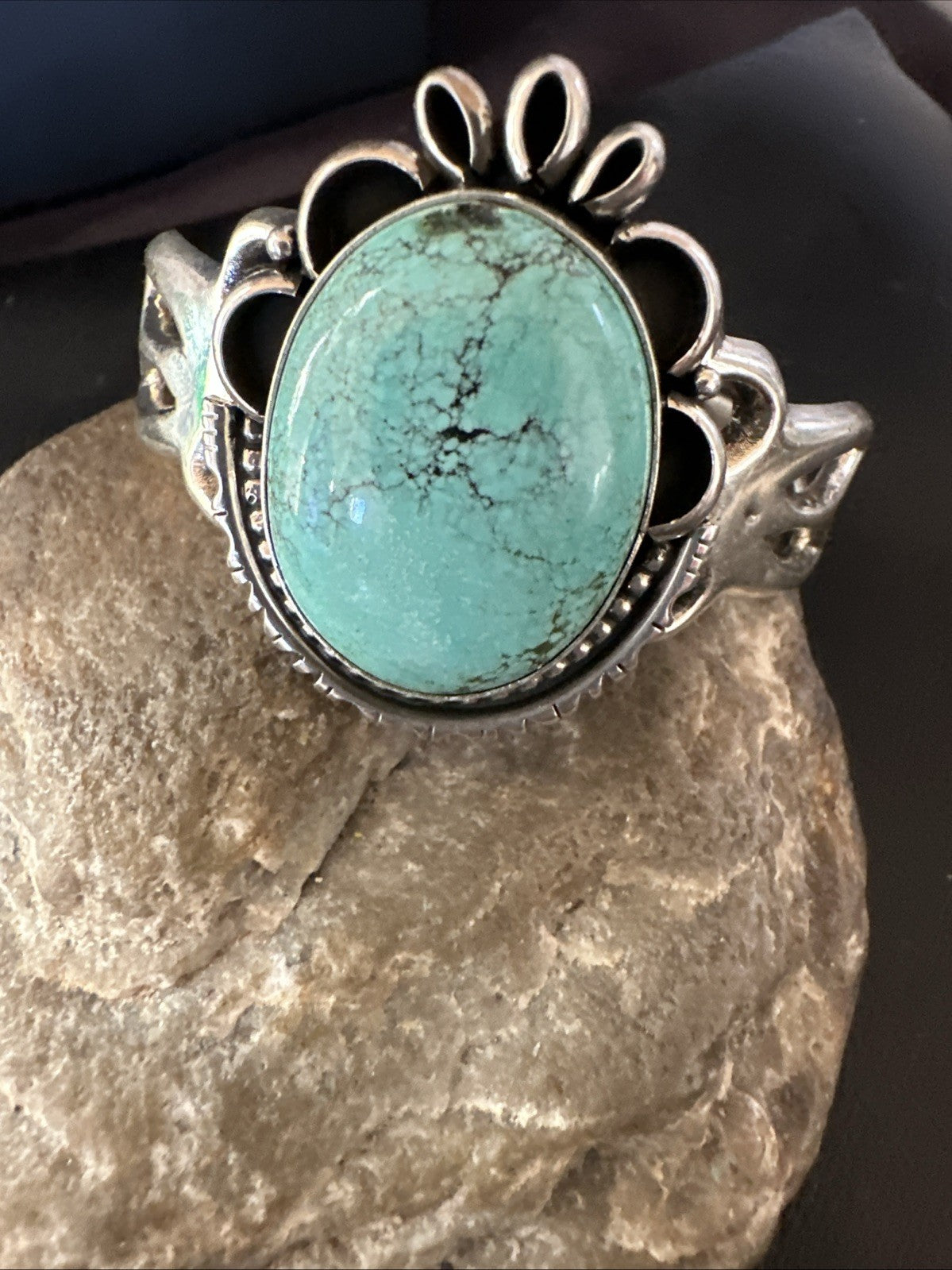 Yazzie Mens Blue Turquoise Navajo Sterling Silver Tufa Cast Cuff Bracelet 19694
