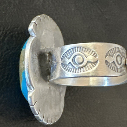 Blue Kingman Turquoise Navajo Sterling Silver Adjustable Ring Size 7 18824