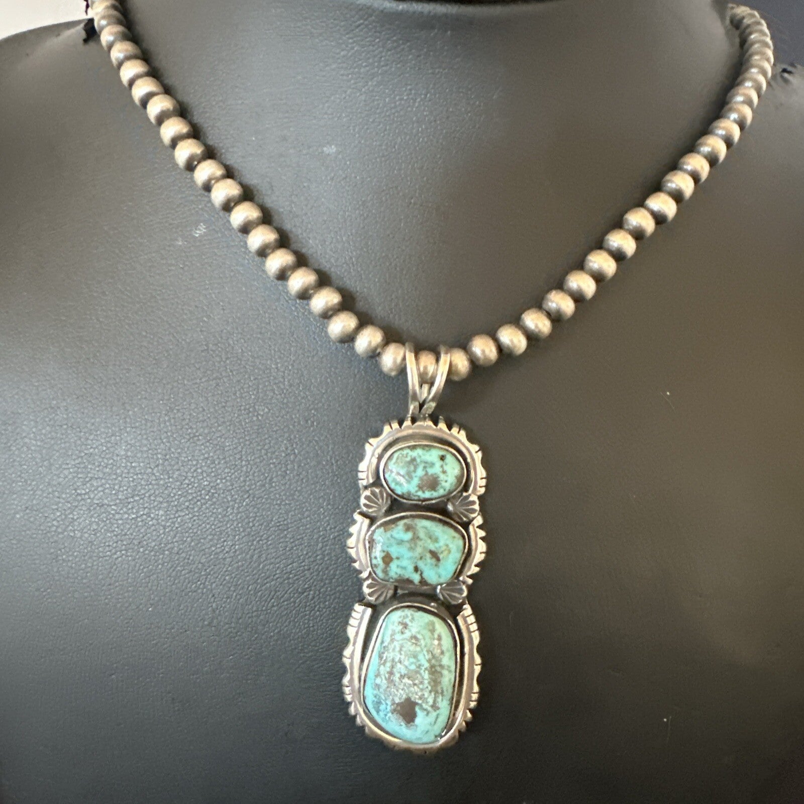 Blue Kingman Turquoise 3 Stone Navajo Sterling Silver Cluster Pendant 17633