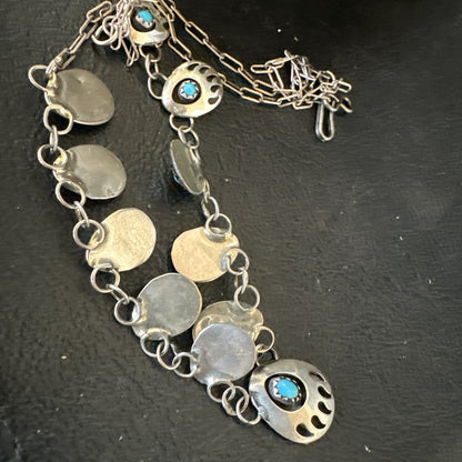 Blue Turquoise Navajo Sterling Silver Bear Paw ShadowBox Necklace 17" 19745