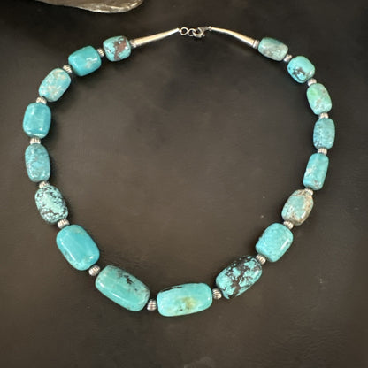 Mens Womens Blue Nugget Turquoise Navajo Sterling Silver Necklace 17.5” 19688