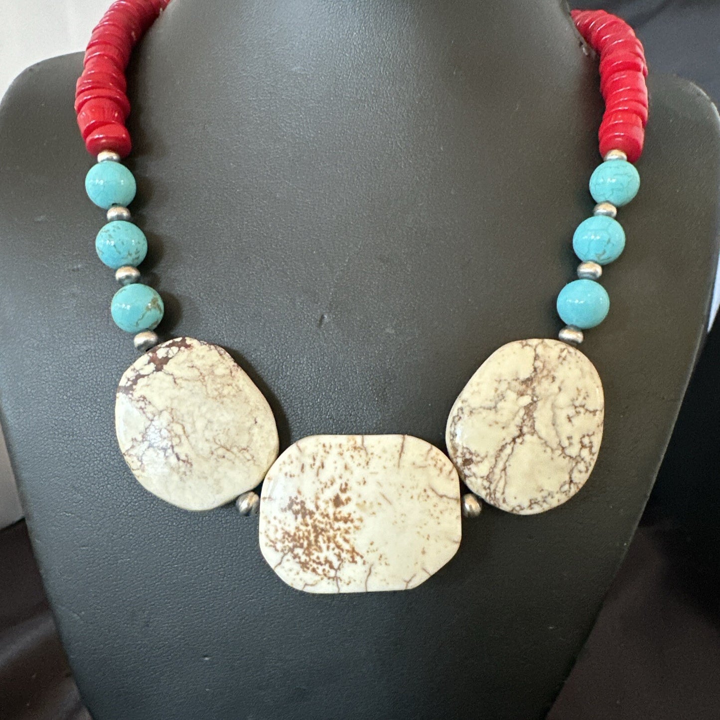 Mens Wild Horse Blue Turquoise Red Coral Navajo Sterling Silver Necklace 17981
