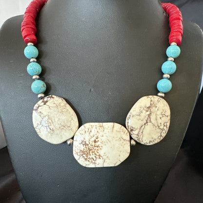 Mens Wild Horse Blue Turquoise Red Coral Navajo Sterling Silver Necklace 17981