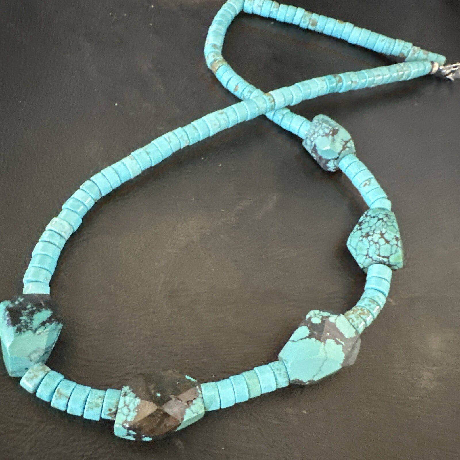 Native Turquoise Nugget Heishi Bead Navajo Sterling Silver Necklace 17807
