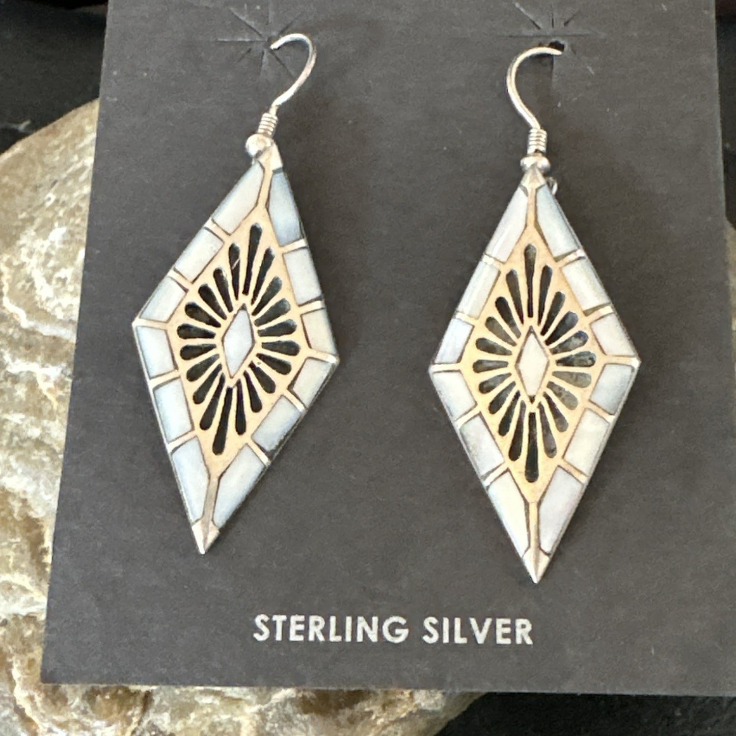 White Mother of Pearl Navajo Sterling Silver Dangle Inlay Earrings 19014
