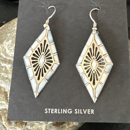 White Mother of Pearl Navajo Sterling Silver Dangle Inlay Earrings 19014