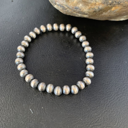 Navajo 6mm Beads Stretchable Sterling Silver Bracelet 7” 14184