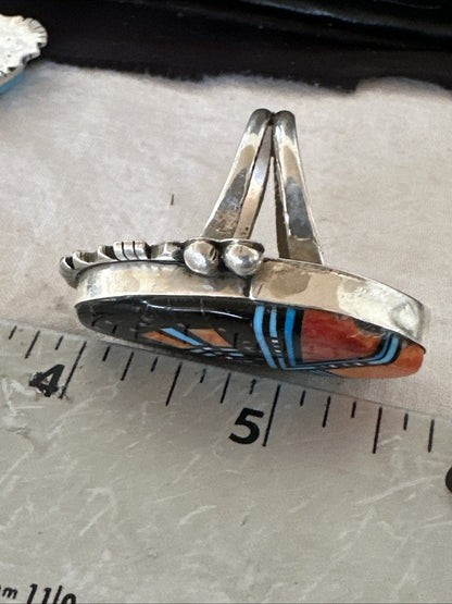 Onyx Turquoise Spiny Navajo Cosmic Inlay Sterling Silver Ring Size 10 19783
