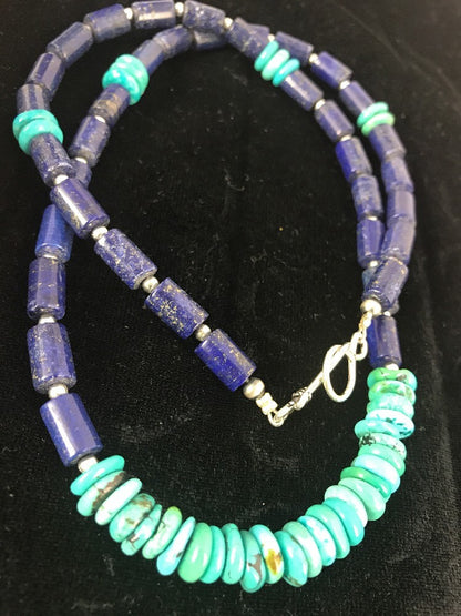 Blue Turquoise & Lapis Navajo Pearls Sterling Silver Necklace 23" 3245