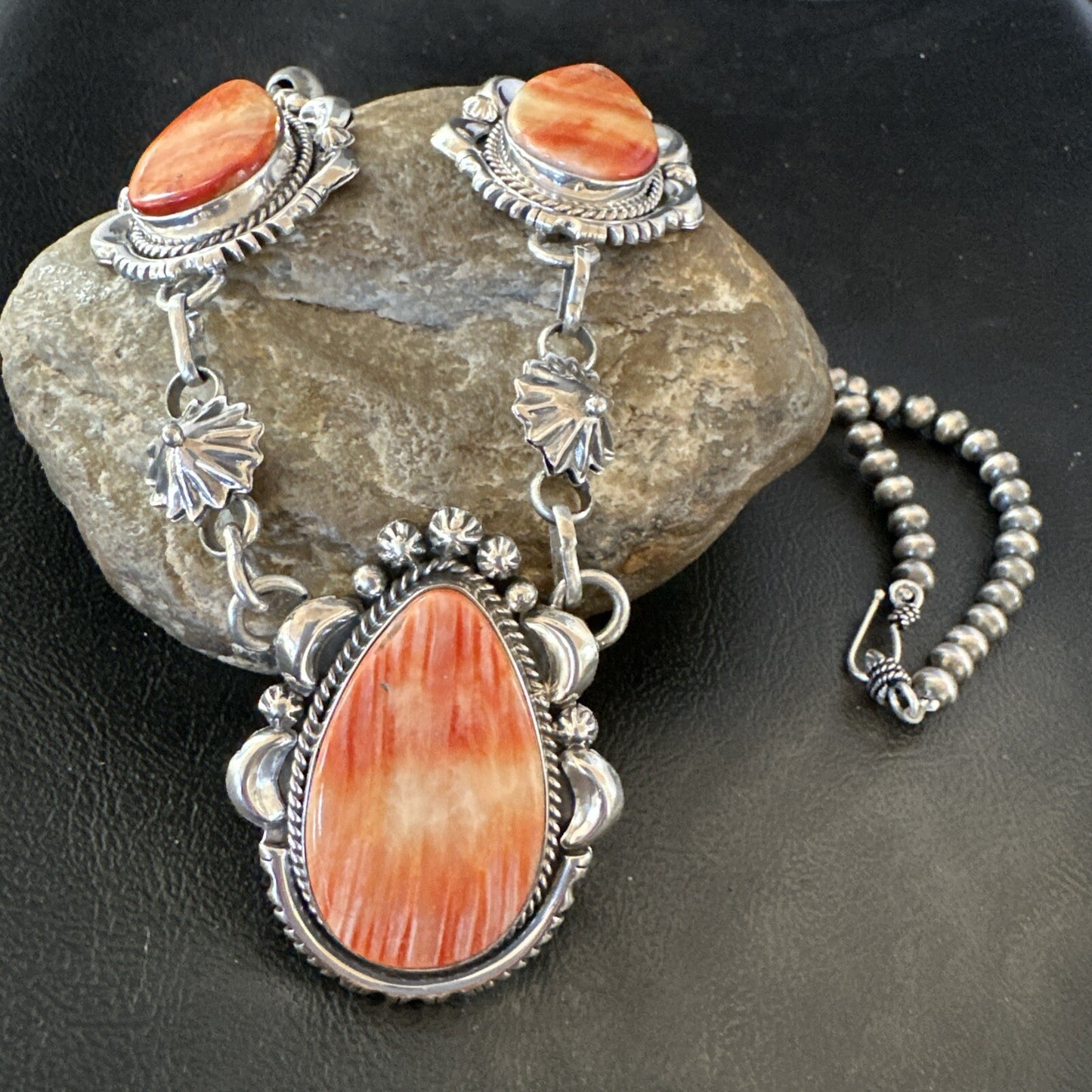 Orange Spiny Oyster Pendant Navajo Sterling Silver Lariat Necklace 21" 18628
