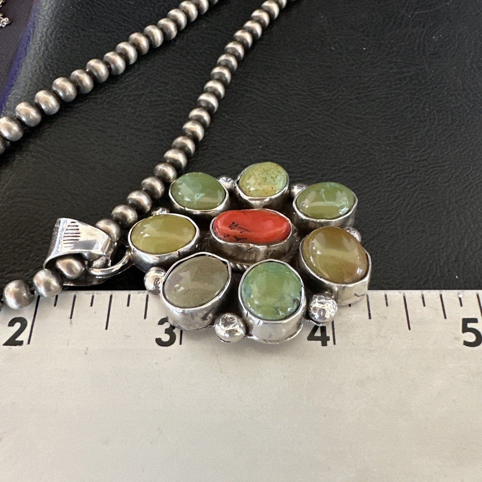 Navajo Sterling Cluster Red Turquoise Pendant Necklace 17712