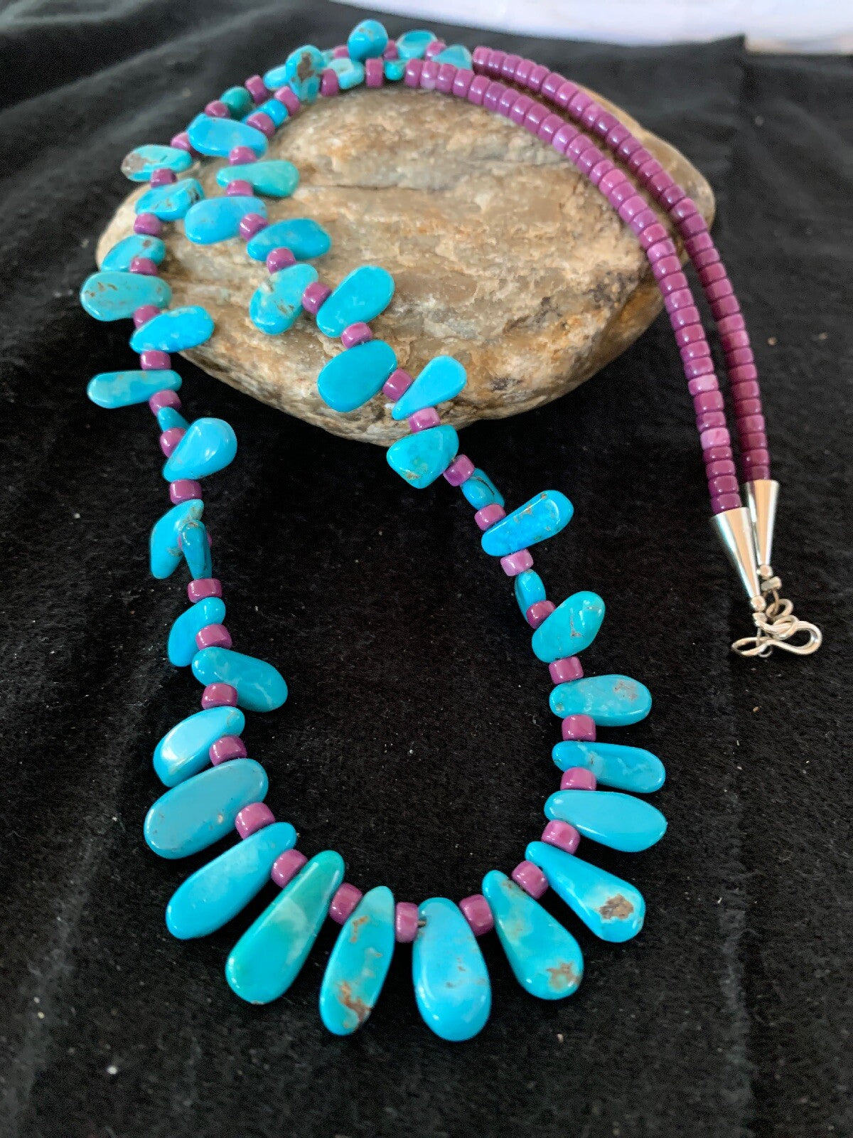 Native American Turquoise & Purple Stone Navajo Sterling Silver Necklace 04246