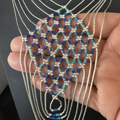 Azurite Heishi Tubes Pendant 7 Strand Liquid Sterling Silver Necklace 19751