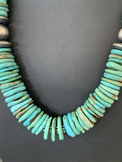Blue Turquoise Graduated Navajo Pearls Sterling Silver Necklace 00248