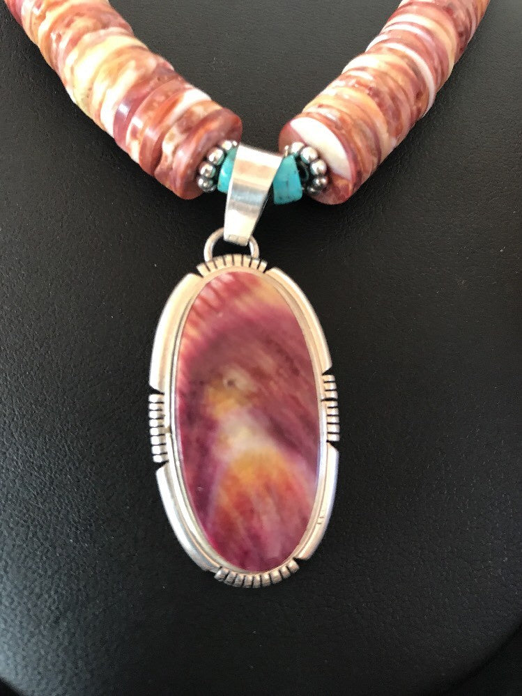 Native Navajo Sterling Silver Turquoise Spiny Oyster Bead Necklace Pendant 10040